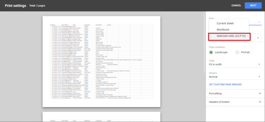 set print area to print selected cells in Google Sheets