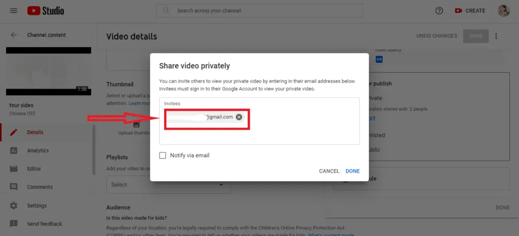 sharing a [rivate youtube video by adding email