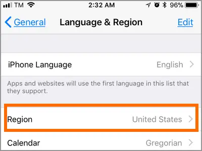 check iphone language and region settings