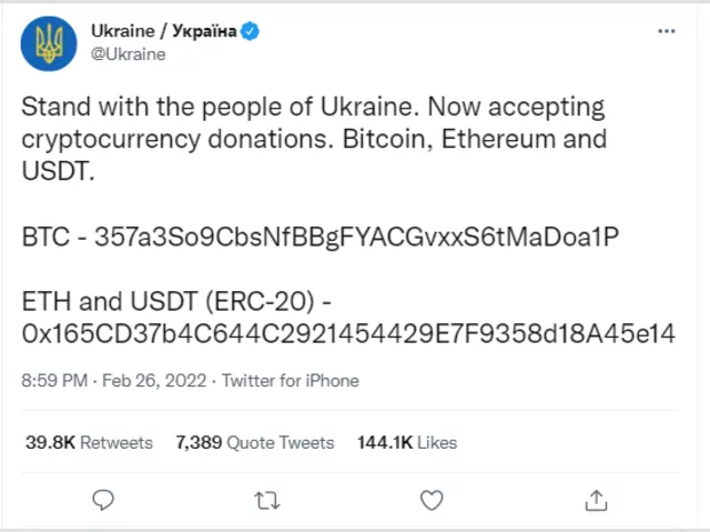 Ukraine asks Tether to stop business with Russia Ukraine accepting crypto donations