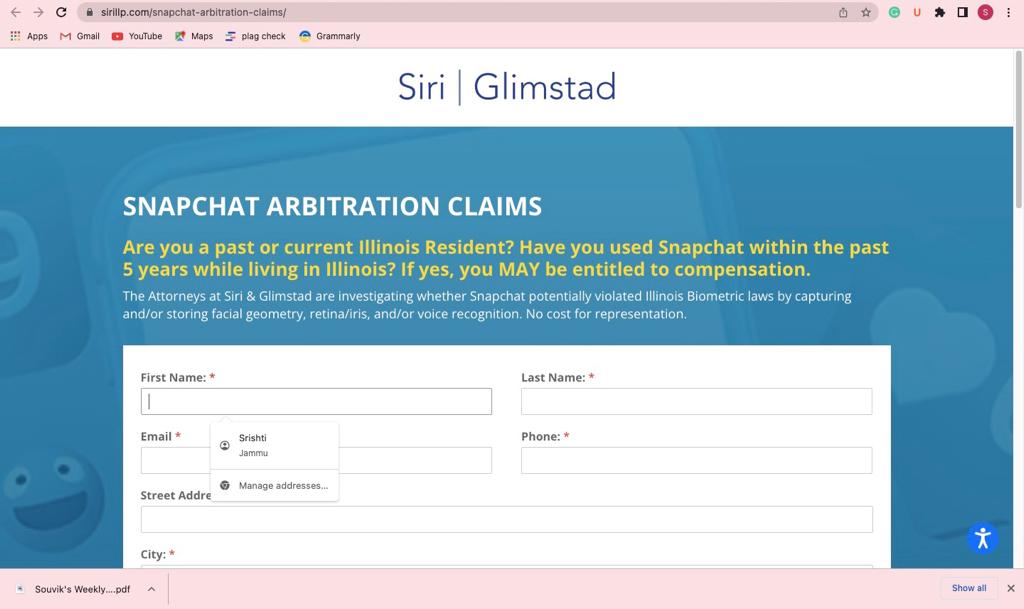 Snapchat Biometric Lawsuit Form 