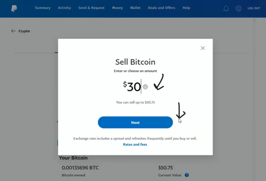 How to sell crypto on PayPal: Fill amount