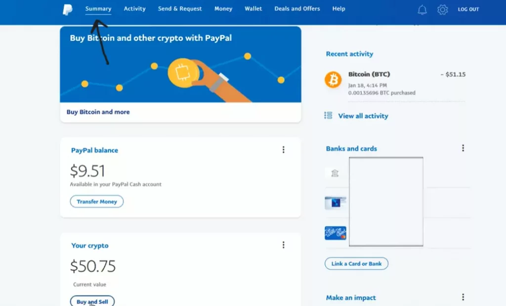How to sell crypto on PayPal: Log in and press summary
