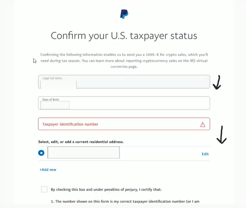 How to sell crypto on PayPal: Taxpayer status