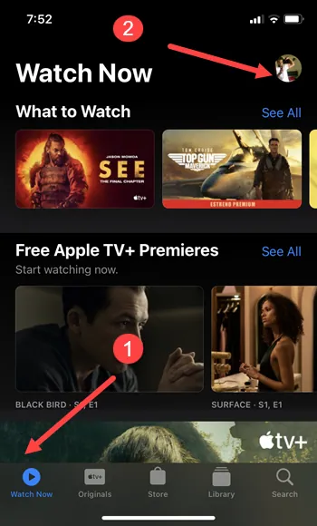 How To Remove Your Play History From Apple TV+ on iPhone - select watch now tab