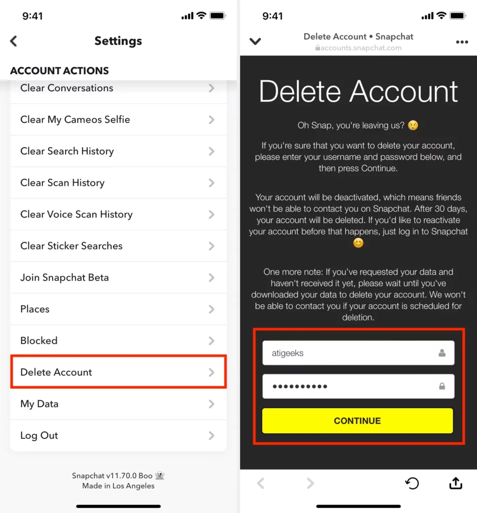 deactivate Snapchat - delete account