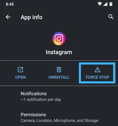 Video Can’t Be Posted On Instagram - force stop