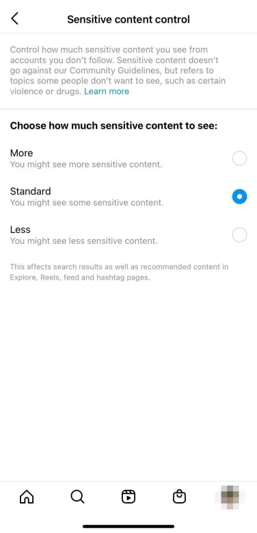 sensitive content control instagram select more or less