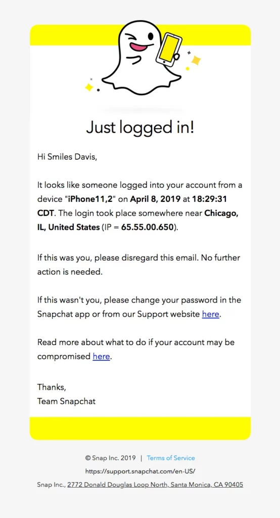 Does Snapchat Send An Email When You Login - email page 