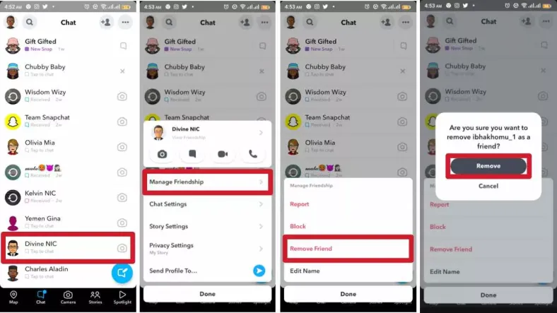 remove multiple Snapchat friends - chat list