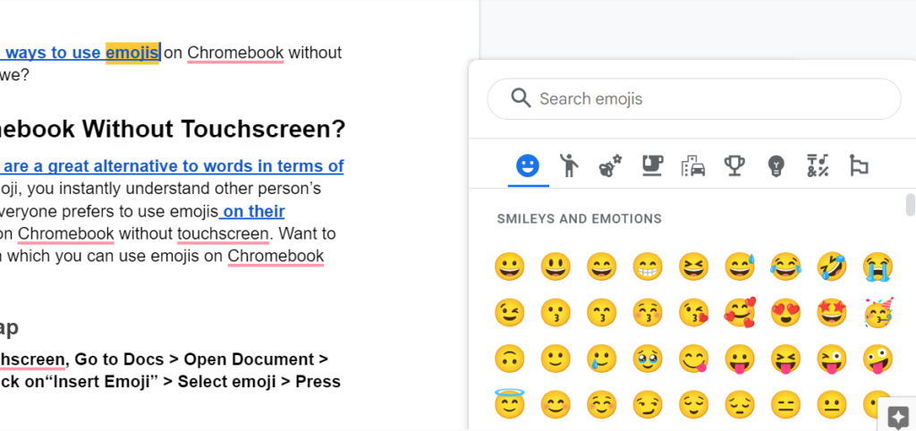 how to use emojis on chromebook without touchscreen 
