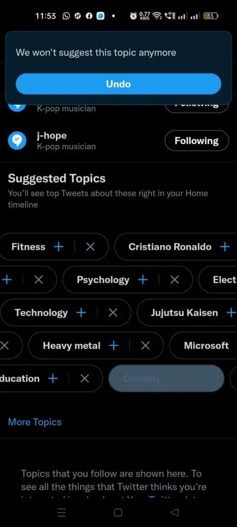 change topic interests on Twitter app - x icon