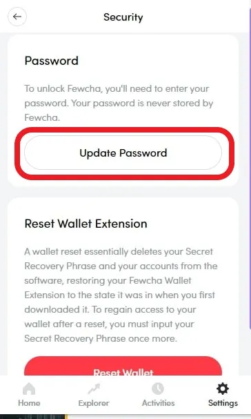 How To Change Or Reset Fewcha Wallet Password: Change the  Fewcha wallet password