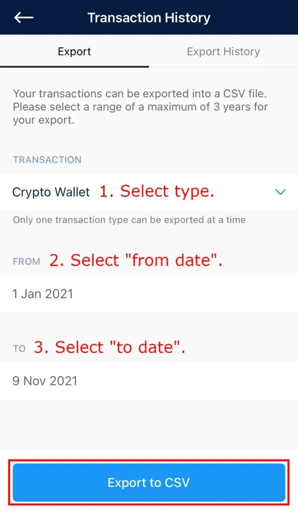 How To Download Your Transaction History On Crypto.Com - date range