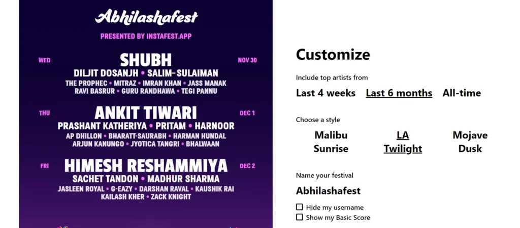 how to customize Top artists on Instafest