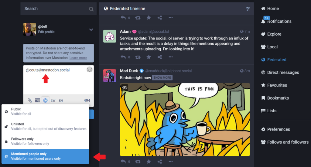 how to send direct message on Mastodon