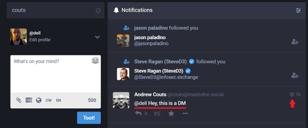 how to send direct message on Mastodon