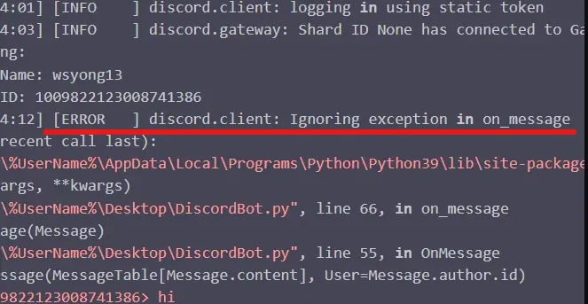How To Fix Error Discord.client Ignoring Exception In on_message - error message when bot is asked to say username