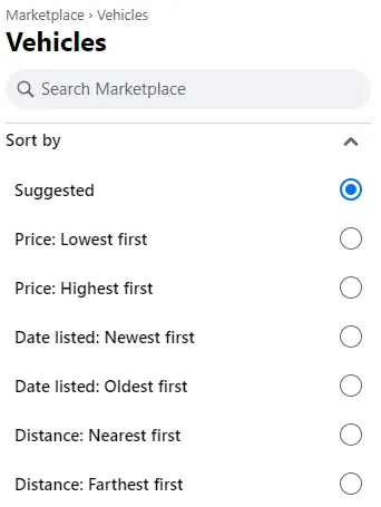 Facebook Marketplace Cars - sort by