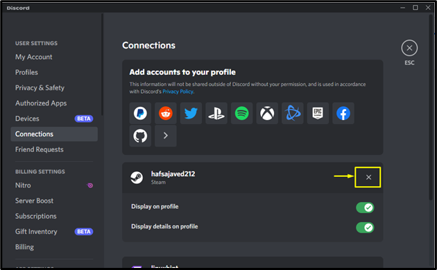 How To Connect Discord To Steam? 'x' icon