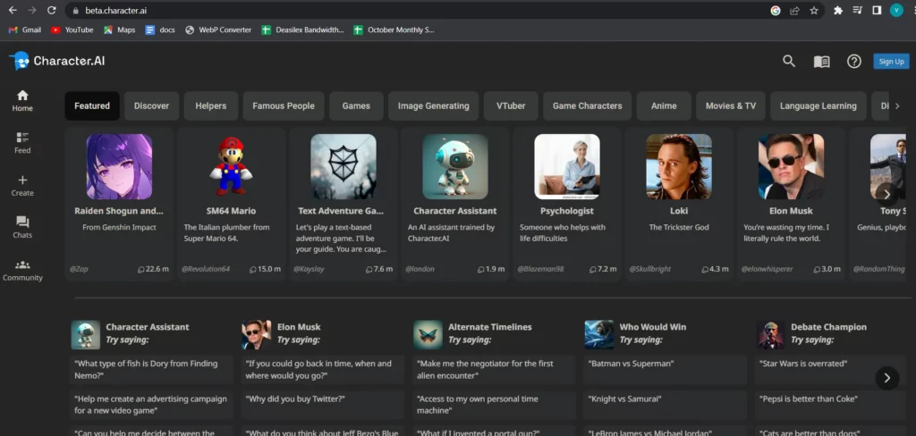 Sites like Character.AI - webpage