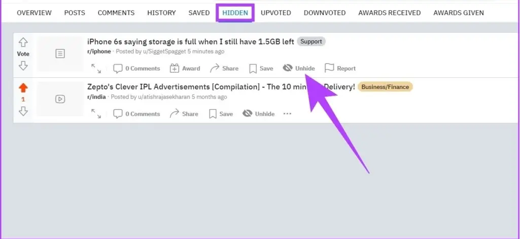 How To Unhide Posts On Reddit Web