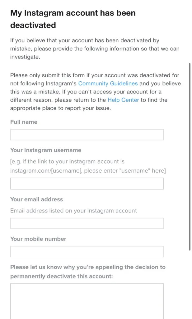 Why Did My Instagram Account Get Deleted For No Reason - form for account restoration