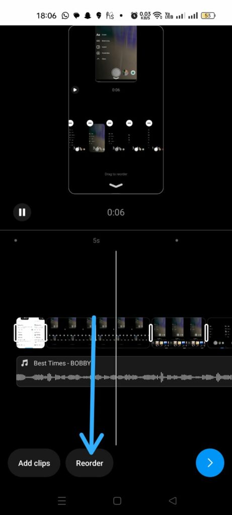 How to Rearrange Clips in Reels on an Android - reorder