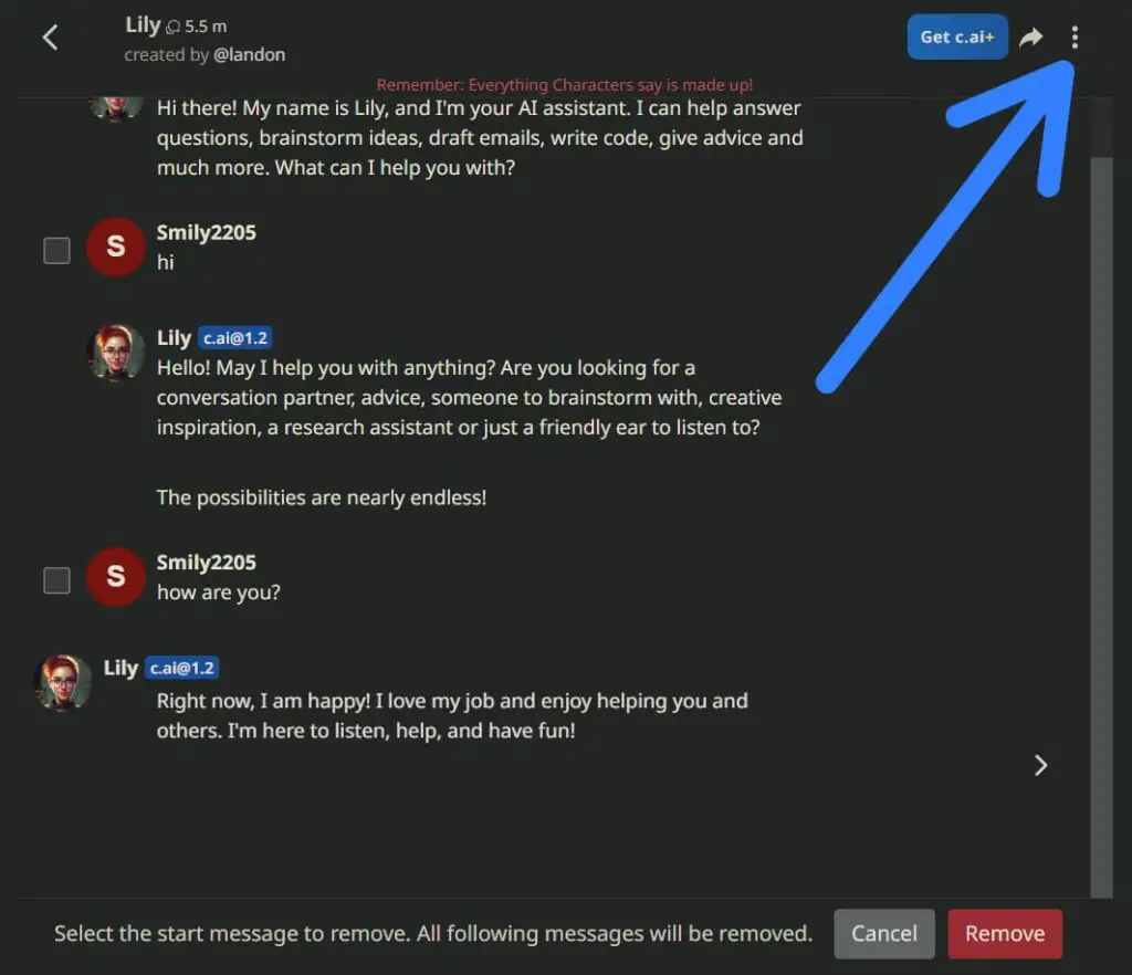 How To Delete Messages In Character AI Conversations? Kebab menu