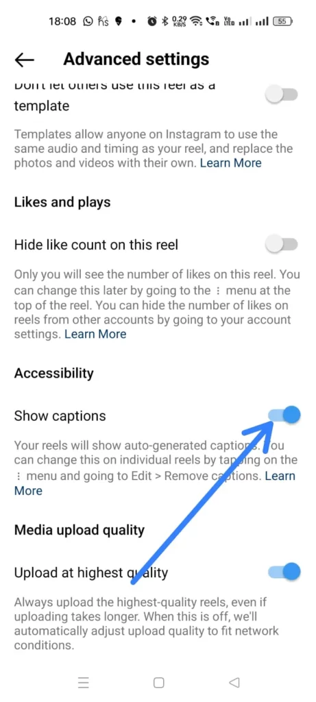 How To Hide Descriptions In Instagram Reels Before Posting? - Toggle OFF