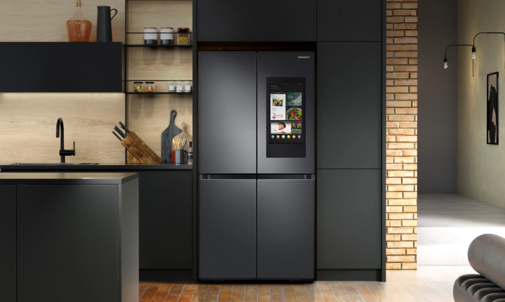 Black double-door refrigerator with smart display